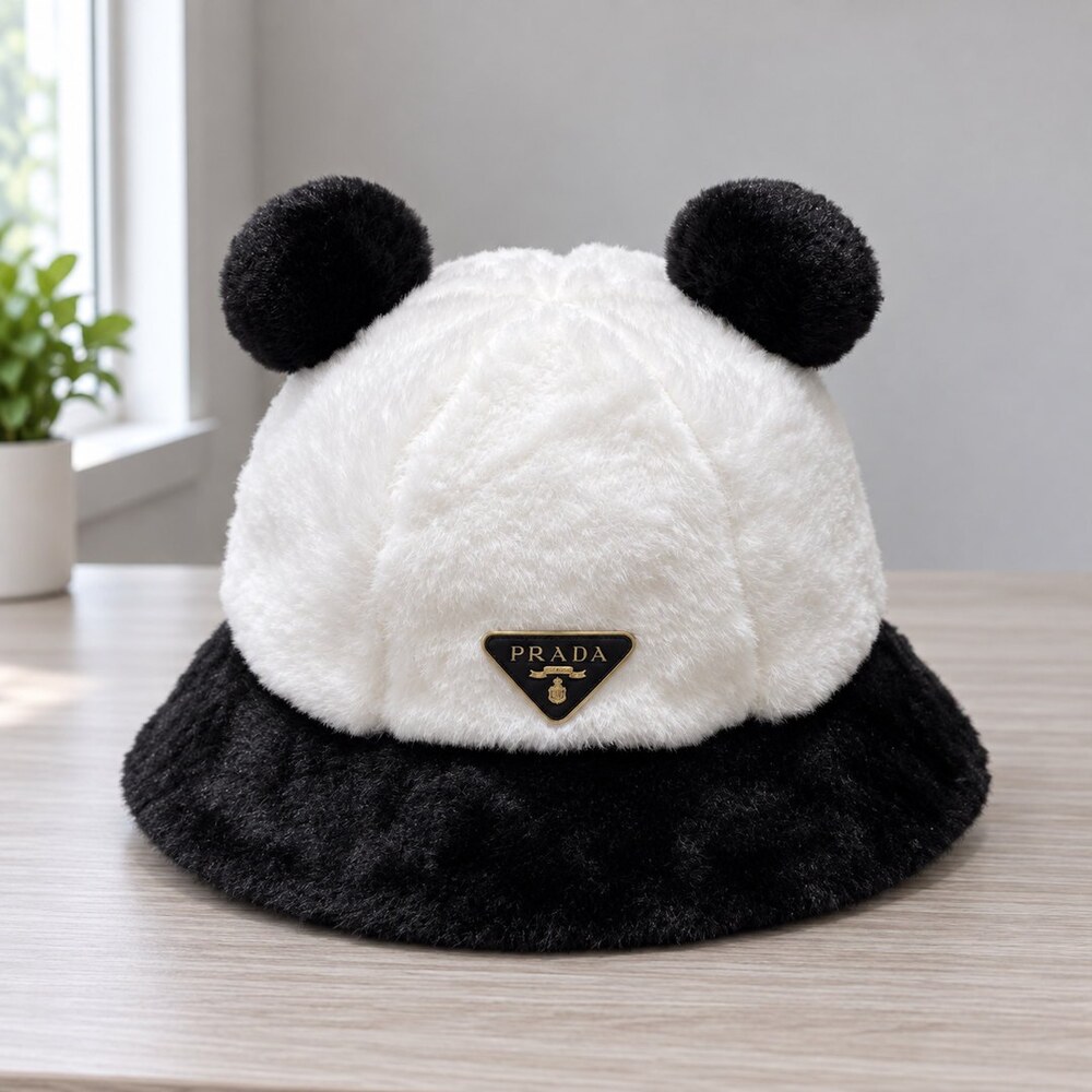 Prada Black White Plush Ear Bucket Hat